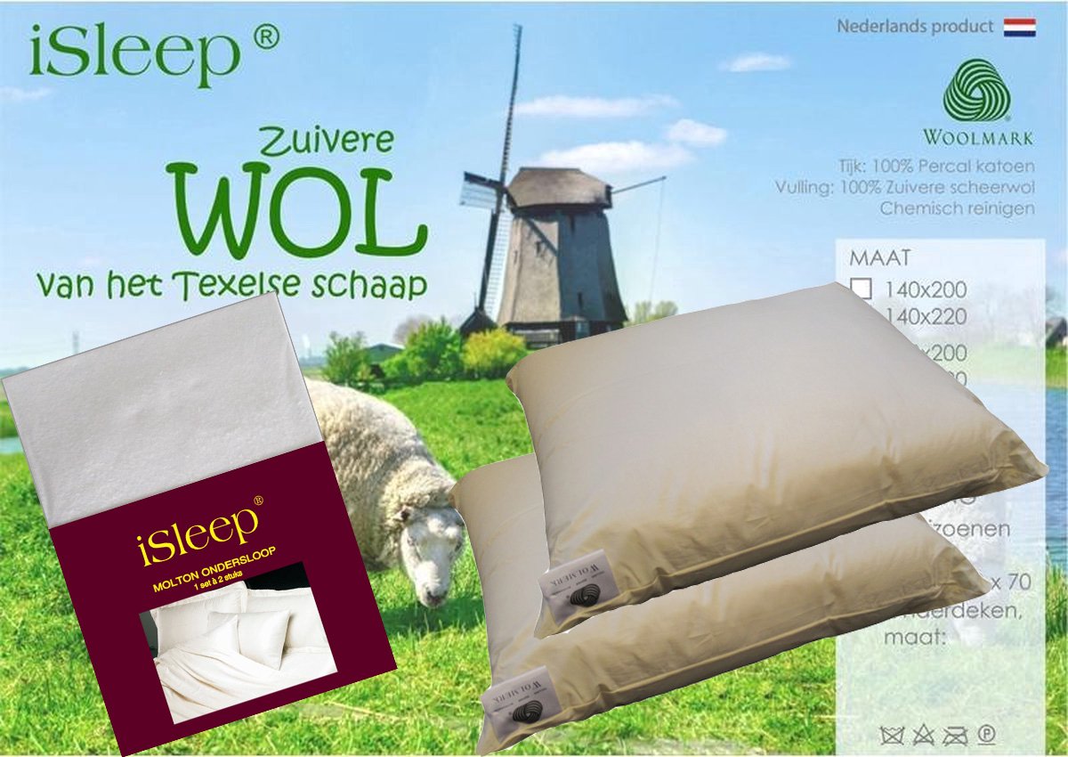 iSleep Wollen Hoofdkussen Basic Set (2 Kussens + 2 iSleep Moltonslopen) - 100% Wol - 60x70cm - Ecru