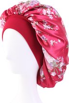 Wine Red Sleep Night Cap with Floral Print - Wide Band Satin Bonnet.