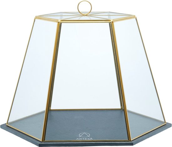 Artesà Geometrische glazen kaas- / taartkoepel met leistenen serveerplank