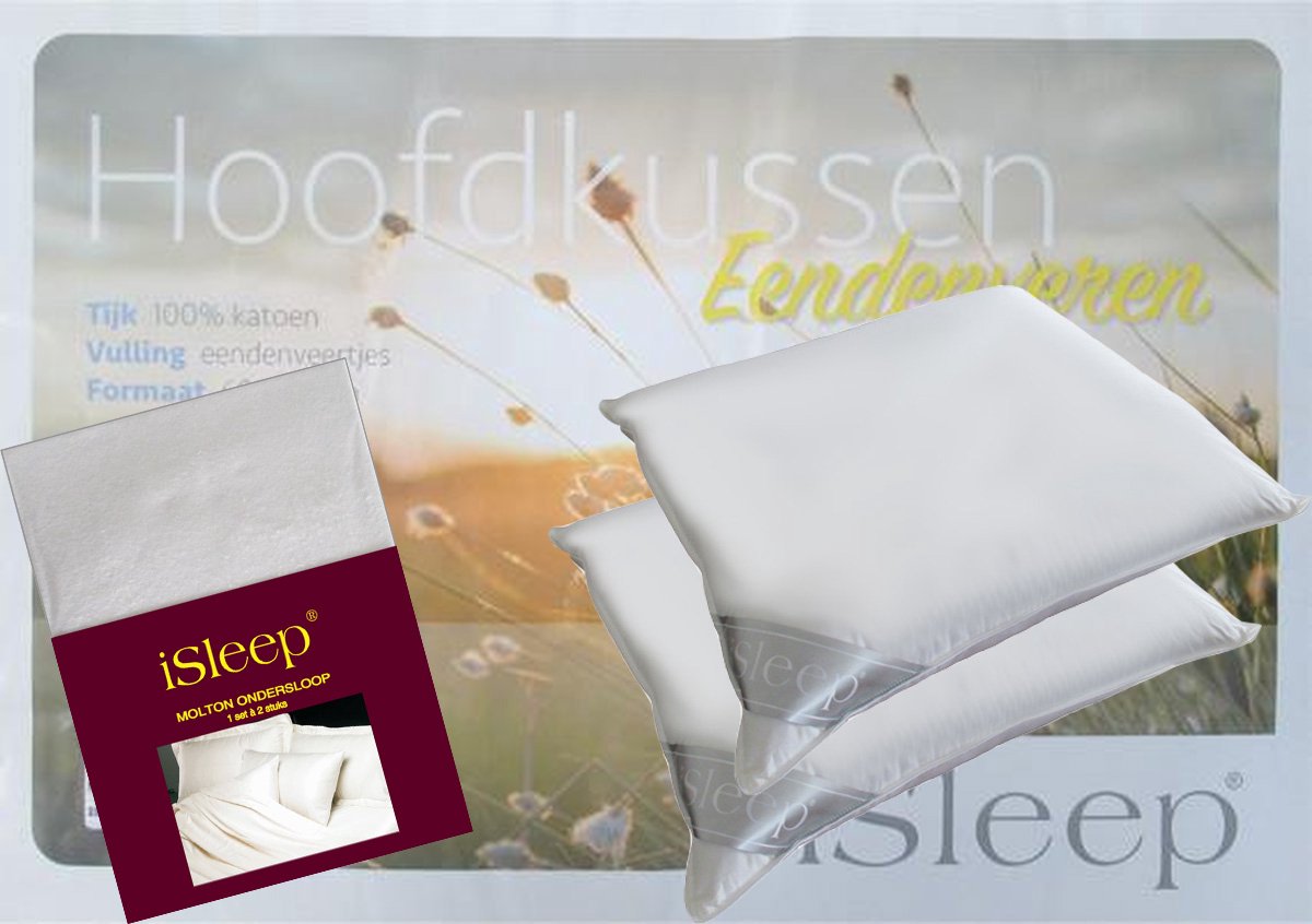 iSleep Veren Hoofdkussen Set (2 Kussens + 2 iSleep Moltonslopen) - Eendenveren - Medium - 1400 gram - 60x70 cm - Wit