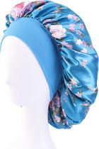 Lake Blue Sleep Night Cap with Floral Print - Wide Band Satin Bonnet.