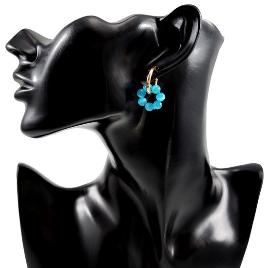 ∅19mm Oorringen Dames - Natuurlijke Kattenoog Steen Turquoise - Verguld RVS - Oorbellen met Kralen Hangers