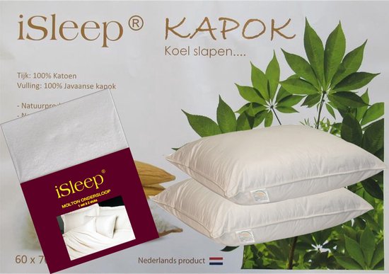 iSleep Kapok Hoofdkussen Set (2 Kussens + 2 iSleep Moltonslopen) - 100% Java Kapok - 60x70 cm