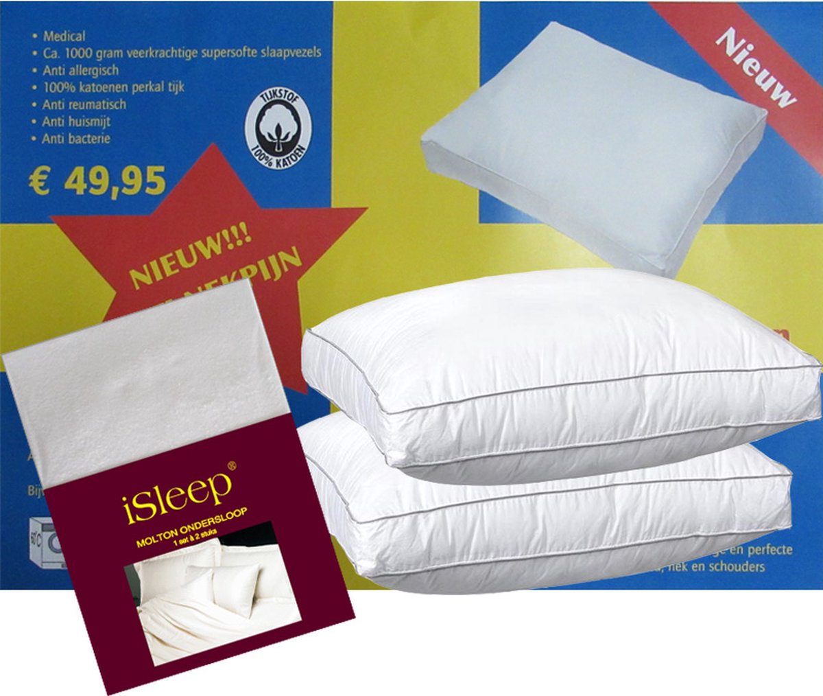 Klaas Vaak Hoofdkussen Set - (2 Kussens + 2 iSleep Moltonslopen) - Boxkussen - Dreampearls - 50x60x10 cm - Wit
