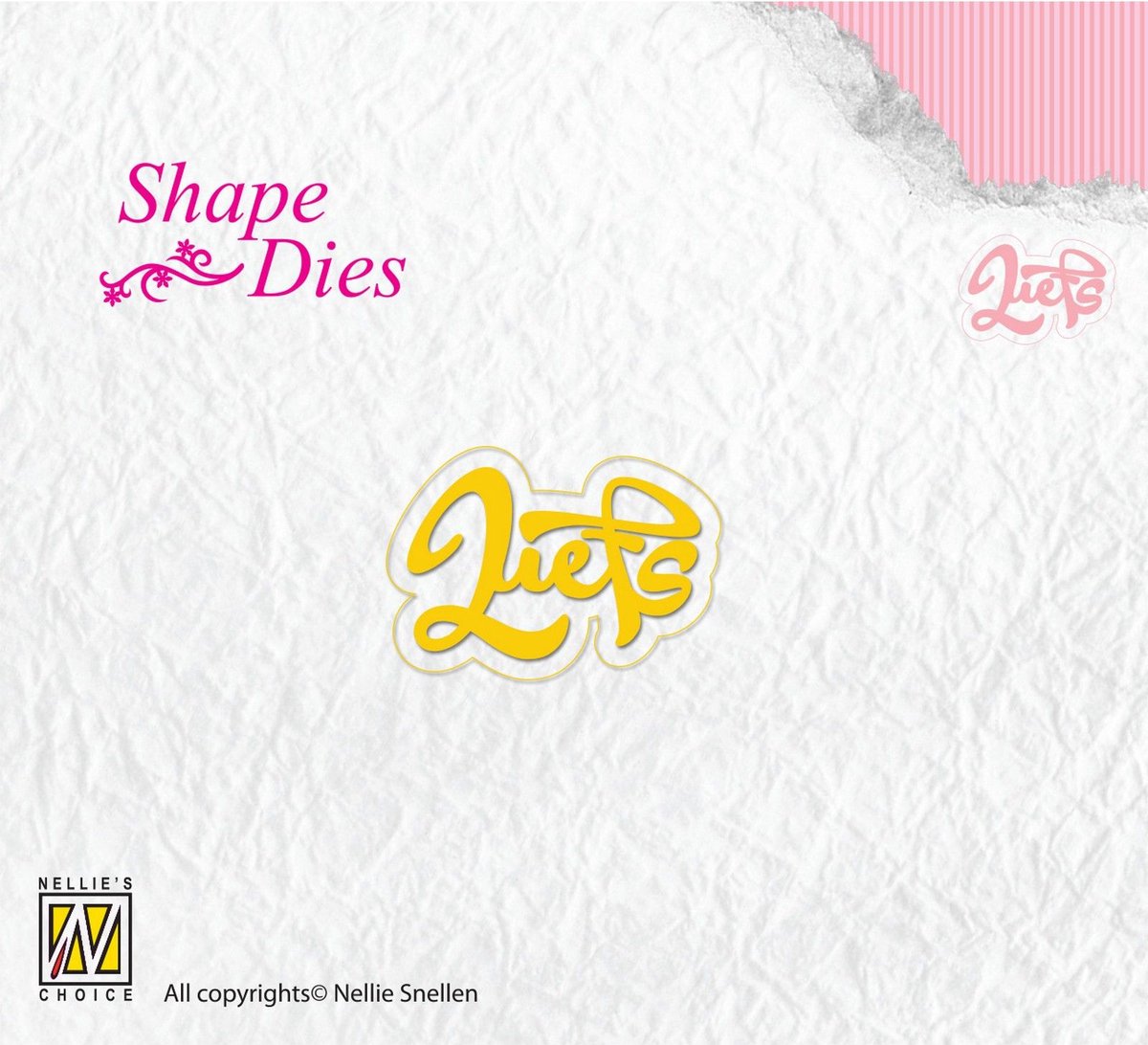 SD090 Snijmal Nellie Snellen - Shape dies nederlandse teksten - Liefs - tekst en achtergrond - 3,3 x 2,2 cm