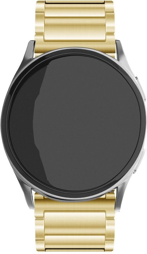 Gouden metalen smartwatchband bevestigd aan de voorkant van een Samsung Galaxy Watch.