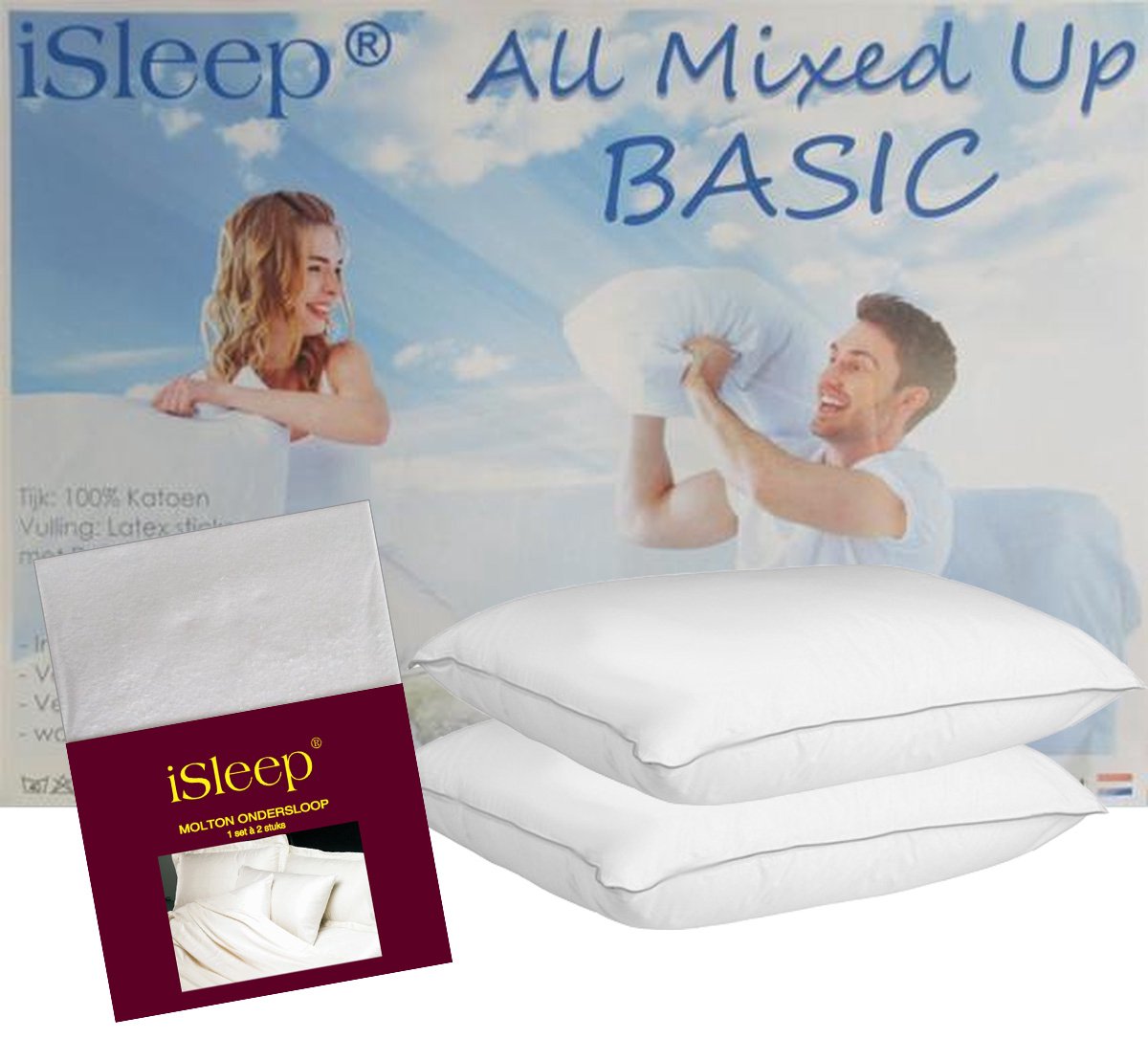 iSleep All Mixed Up Basic Hoofdkussen Set (2 Kussens + 2 iSleep Moltonslopen) - Puntkussen - 60x70 cm - Wit