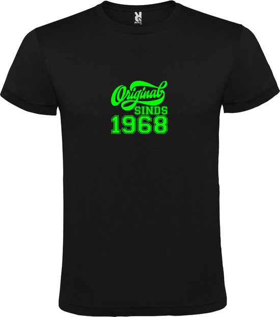 Zwart T-Shirt met “Original Sinds 1968 “ Afbeelding Neon Groen Size L
