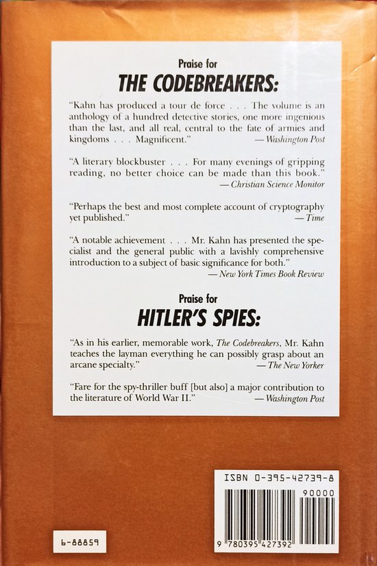 Achterkant van een boek met recensies voor 'Seizing the Enigma' en 'Hitler's Spies', inclusief ISBN en streepjescode.