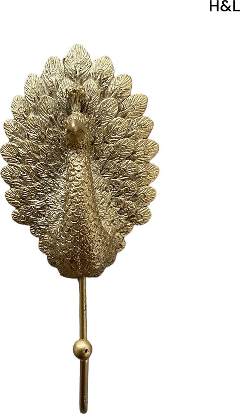 Luxe wandhaak - Pauw - goud - 16 x 8 cm - kapstok