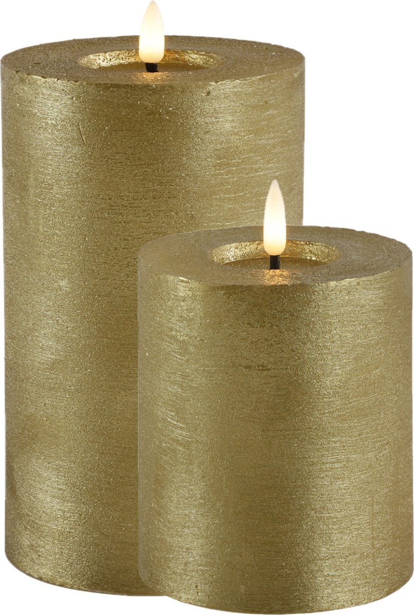Countryfield LED kaars/stompkaars set - 2x st - goud - H10 en H15 cm - timer - warm wit Goudkleurig