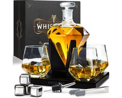 Whisiskey Whiskey Karaf - Diamant - Luxe Whisky Karaf Set - Whiskey Set - 1 L - Decanteer Karaf - Incl. Whiskey Stones, Schenktuit en 4 Whiskey Glazen - Peaky Blinders