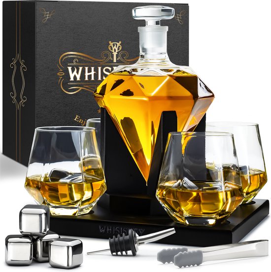 Whisiskey® Whisky Carafe - Diamant - Luxe Whisky Carafe Set - Set Whisky - 0, 9 L - Décanter Pitcher - Incl. Pierres à Whisky, Bec verseur et 4 Verres à Whisky - Cadeaux Vaderdag - Cadeaux Pères