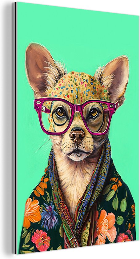 Décoration murale Métal - Peinture Aluminium Industriel - Lunettes - Animal - Chien - Fleurs - Chihuahua - 20x30 cm - Dibond - Photo sur aluminium - Décoration murale industrielle - Pour le salon/chambre