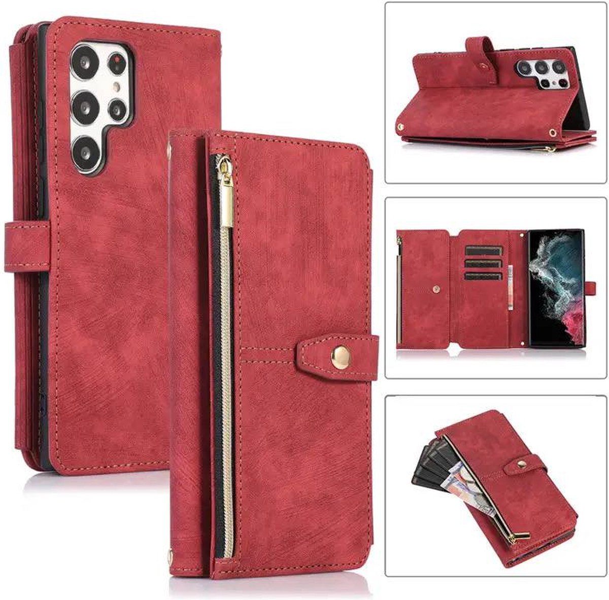 Hoesje Samsung galaxy S22 Ultra Rood hoesje-Book Case – Portemonnee Hoesje – Wallet book case - ruimte voor Extra pasje en munten-super stevige hoesje portemonnee Samsung S22 Ultra