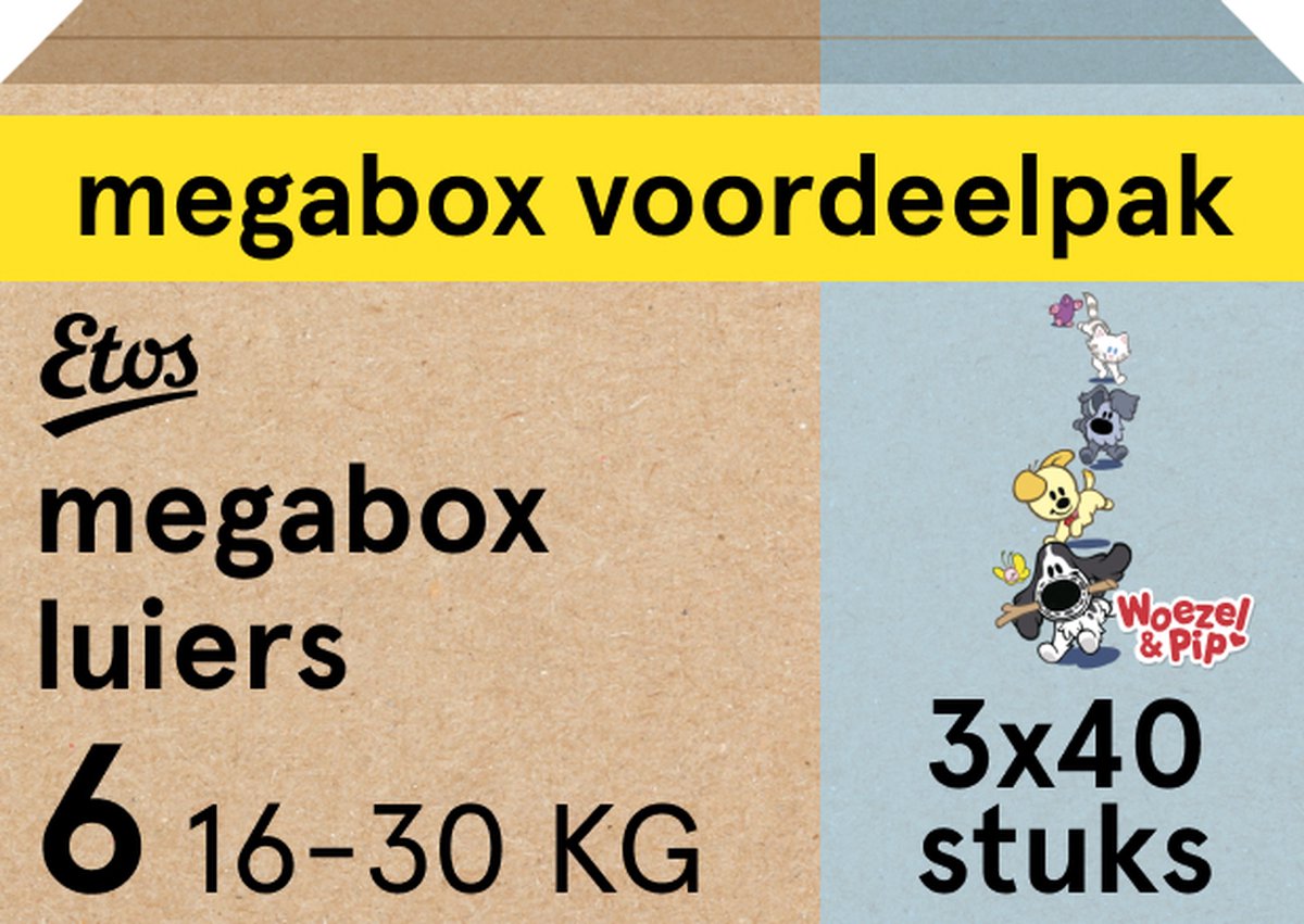 Etos Woezel & Pip Luiers - XL Maat 6 - 16-30 kg - Maandbox 120 stuks (3 x 40 st) - Etos