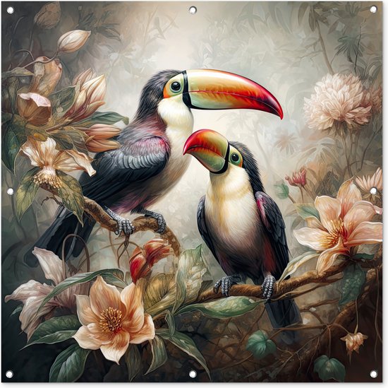 Tuinposter toekan - Tuindecoratie vogels - 100x100 cm - Wanddecoratie met bloemen voor buiten - Schutting decoratie jungle - Buitenposter - Schuttingdoek - Tuindoeken - Tuin doek - Balkon poster