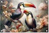 Décoration de jardin Toucan - Vogels - Fleurs - Jungle - 60x40 cm - Poster jardin