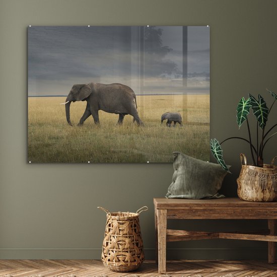® Glasschilderij 120x90 cm - Schilderij acrylglas - Olifant - Savanne - Dieren - Natuur - Foto op glas - Muurdecoratie woonkamer - Wanddecoratie slaapkamer - Schilderijen