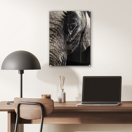 ® Glasschilderij 30x40 cm - Schilderij acrylglas - Olifant - Dieren - Close up - Zwart - Foto op glas - Muurdecoratie woonkamer - Wanddecoratie slaapkamer - Schilderijen