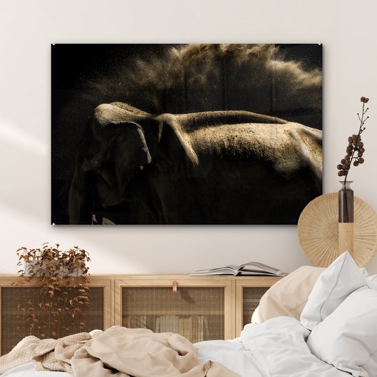 MuchoWow® Peinture sur verre 90x60 cm - Peinture sur verre acrylique - Éléphant - Boue - Animaux - Zwart - Photo sur verre - Peintures