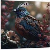 Dibond - Blauwe Gaai Vogel met Kleurrijke Veren en Bloemen - 100x100 cm Foto op Aluminium (Wanddecoratie van metaal)