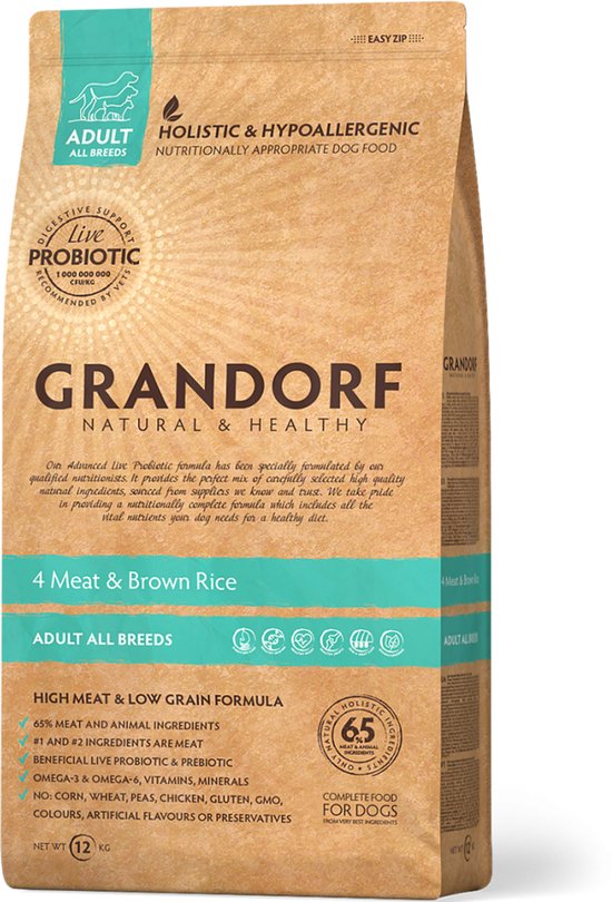 Grandorf Adult - 4 Meat met Bruine rijst - 10kg - Hondenvoer