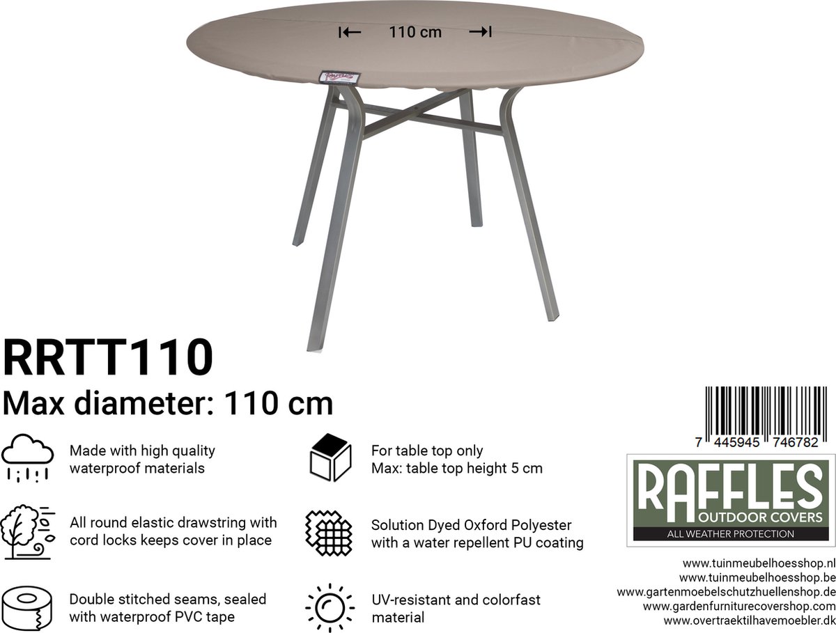 Raffles Covers Beschermhoes ronde tuintafel - ⌀ 110 H: 5 cm - RRTT110 - Waterdicht | Solution Dyed | UV-bestendig | Elastisch trekkoord | Airvents - Tuintafelhoes
