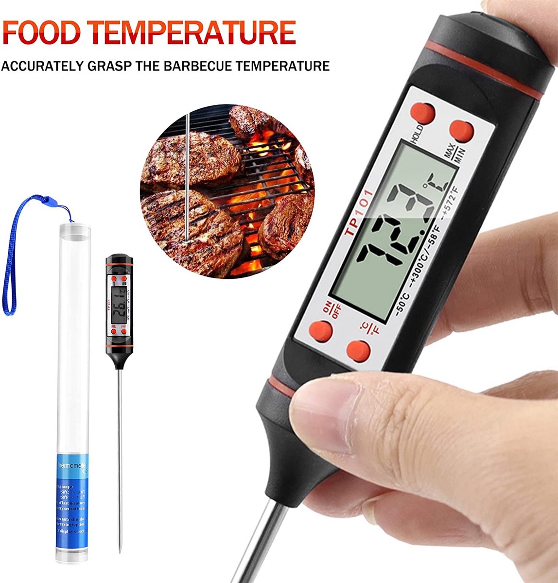 Draadloze vleesthermometer, braadthermometer, thermometer, koken, keukenthermometer met 3 seconden direct uitlezen, lcd-scherm, kookthermometer voor steak, BBQ, braden, barbecue, dranken