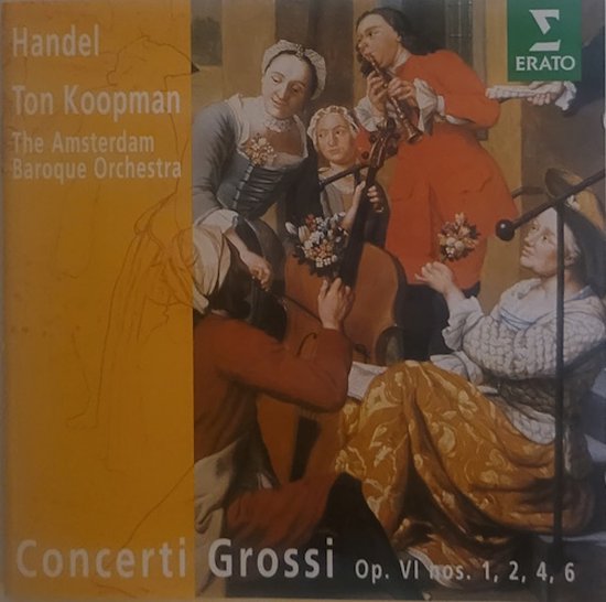 Albumhoes met schildering van barokmuzikanten. "Handel, Ton Koopman, The Amsterdam Baroque Orchestra, Concerti Grossi Op. VI nos. 1, 2, 4, 6".