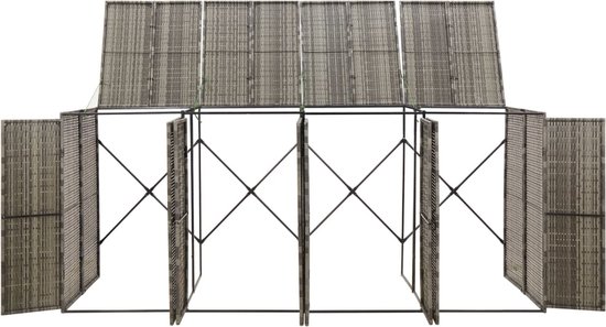 Grijze containerberging met vlechtwerkpatroon, openklapt en leeg, met frame.