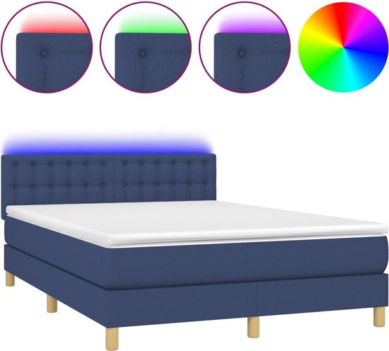 vidaXL - Boxspring - met - matras - en - LED - stof - blauw - 140x200 - cm