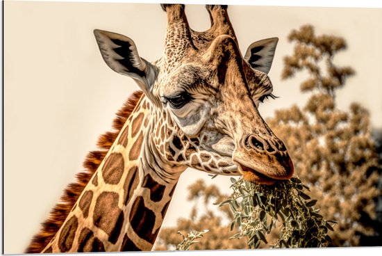 Dibond - Close-up van Giraffe Etend van Hoge Boom - 90x60 cm Foto op Aluminium (Wanddecoratie van metaal)