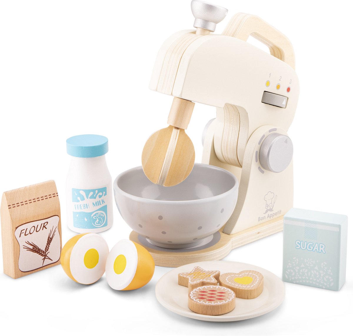 New Classic Toys® Houten Mixer Speelset - Inclusief Kom, Bloem, Suiker, Melk, Eieren en Koekjes - Speelgoedkeukenmachine voor Kinderen - Rollenspel Keukenspeelgoed - Vanaf 3 Jaar
