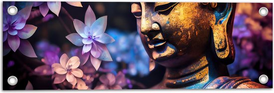 Tuinposter – Boeddha voor Struik vol Paarse Lelies - 60x20 cm Foto op Tuinposter (wanddecoratie voor buiten en binnen)