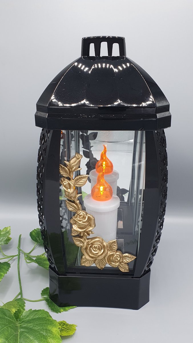 Herdenkingslicht - L-34 - Lantaren - Gouden Roos - Zwart - Windlicht - Graflicht - Graflantaarn - Grafdecoratie