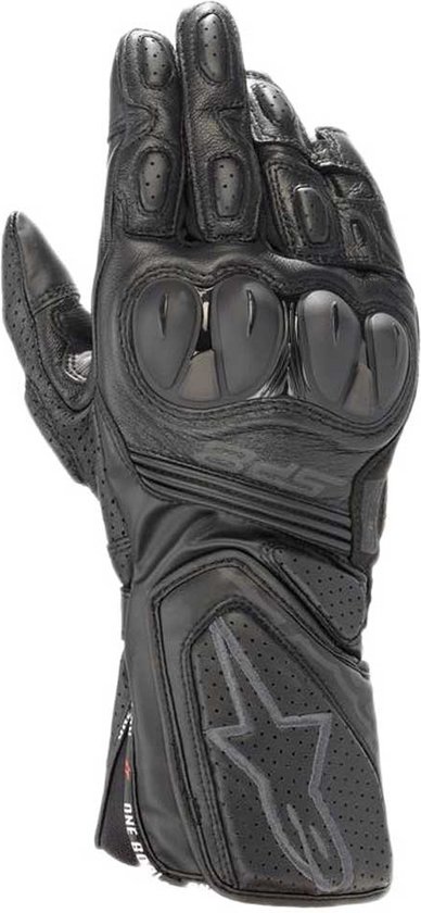 Zwarte Alpinestars motorhandschoen met perforaties, beschermende knokkels en een Alpinestars sterlogo.