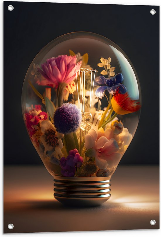 Tuinposter – Bloemboeket Groeiend in Lichtgevende Lamp - 60x80 cm Foto op Tuinposter (wanddecoratie voor buiten en binnen)