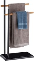 Relaxdays handdoekrek 2 armig - metaal - handdoekhouder bamboe - handdoekenrek zwart