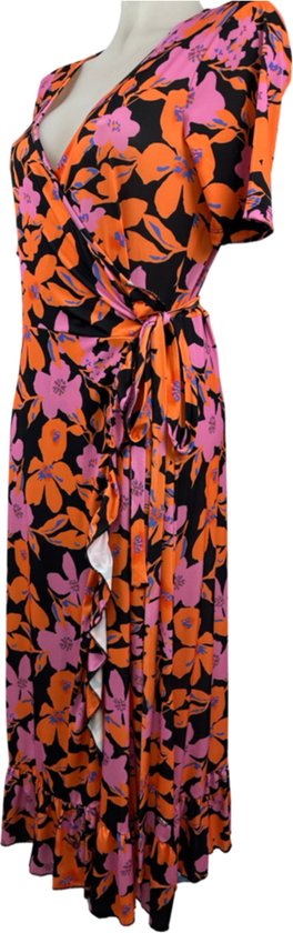 Angelle Milan - Vêtements de voyage pour femmes - Robe portefeuille rose / Oranje - Respirante - Infroissable - Robe durable - En 5 tailles - Taille L