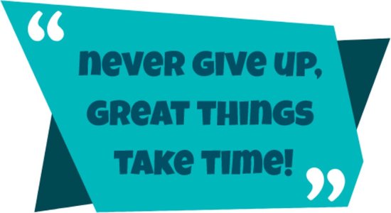 Motivatie Sticker - Quote Sticker – Never give up, great things take time! - Muursticker – Raamsticker – Sticker Volwassenen – Circa 16 cm
