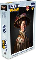 Puzzel Vrouw - Portret - Bloemen - Hoed - Aziatisch - Legpuzzel - Puzzel 500 stukjes