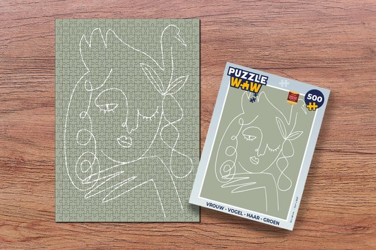 Puzzel Vrouw - Vogel - Haar - Groen - Line art - Legpuzzel - Puzzel 500