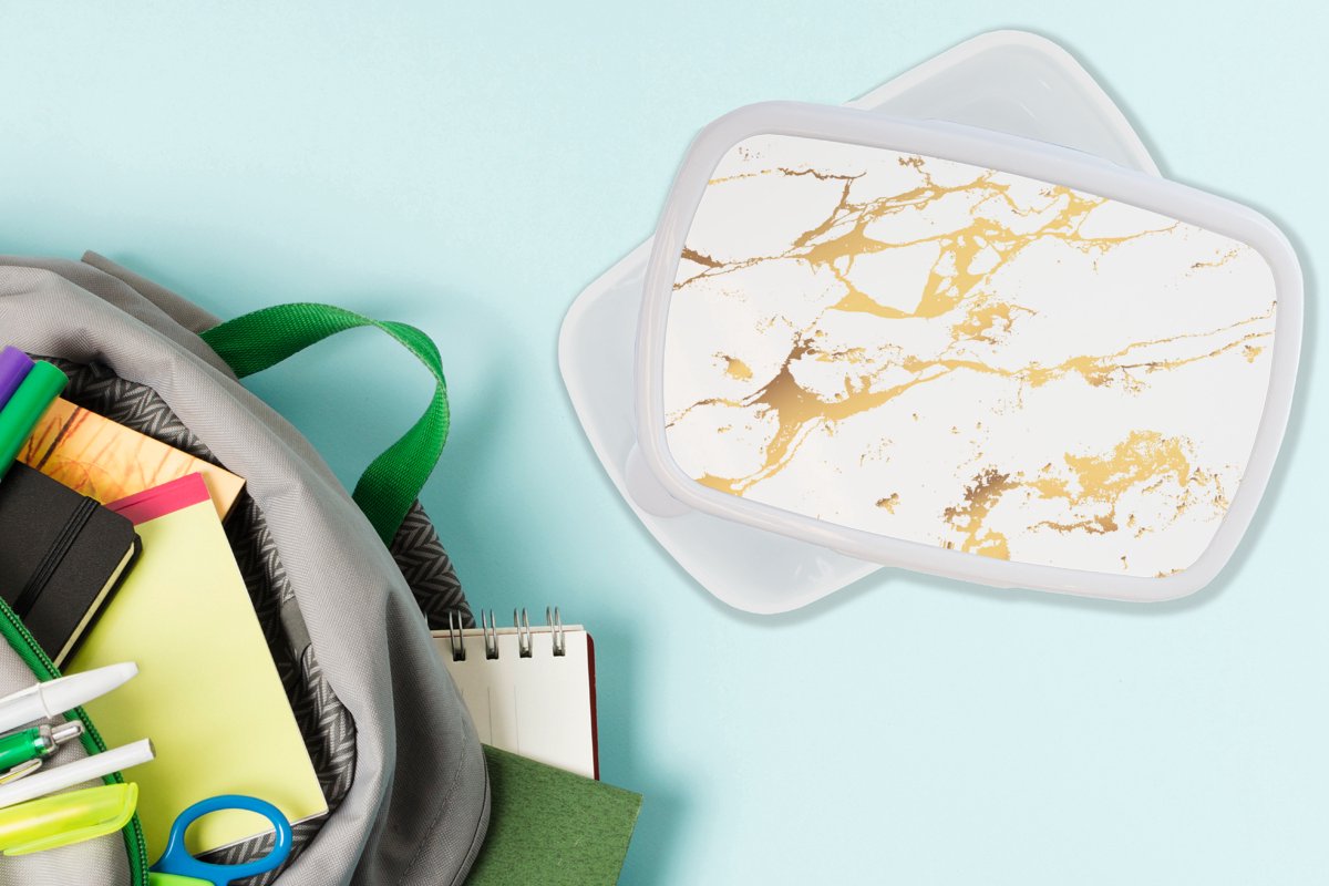 Broodtrommel Wit - Lunchbox - Brooddoos - Marmer - Wit - Goud - Luxe - 18x12x6 cm - Volwassenen