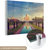 MuchoWow® Glasschilderij 60x40 cm - Schilderij acrylglas - Taj Mahal in Agra, India - Foto op glas - Schilderijen