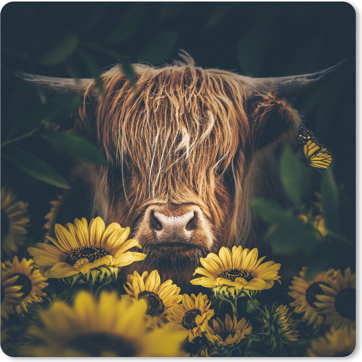Muismat 20x20 cm - Mousepad Schotse hooglander - Bloemen - Koe - Botanisch - Dieren - Muismatten