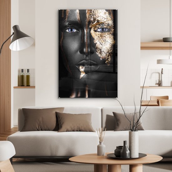 MuchoWow® Tableau sur Verre - Femme - Feuille d'Or - Zwart - Or - Luxe - 80x120 cm - Peintures sur Verre Acrylique - Photo sur Glas