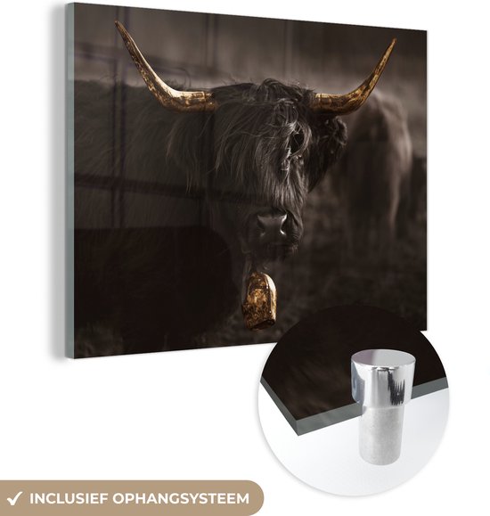 MuchoWow® Glasschilderij 80x60 cm - Schilderij acrylglas - Schotse hooglander - Goud - Koebel - Hoorns - Dieren - Foto op glas - Schilderijen