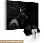 MuchoWow® Glasschilderij 90x60 cm - Schilderij acrylglas - Hert - Zwart - Wit - Gewei - Foto op glas - Schilderijen