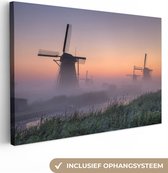 Canvas Schilderij Molen - Nederland - Mist - 90x60 cm - Wanddecoratie